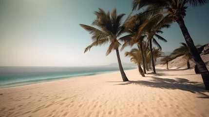 Foto op Canvas Palmy Trees Tower Over a Stunning Sandy Beach, Offering an Enchanting View of the Sunlit Horizon © Ranya Art Studio