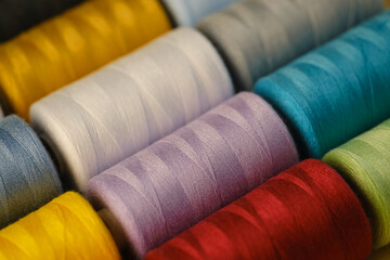 pink, orange, yellow, red, brown, green, blue, lilac, white sewing thread on spools, natural,...