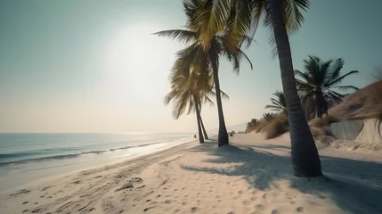 Rolgordijnen Palmy Trees Cast Delicate Shadows on a Serene Sandy Beach, Offering a Moment of Calm and Serenity © Ranya Art Studio