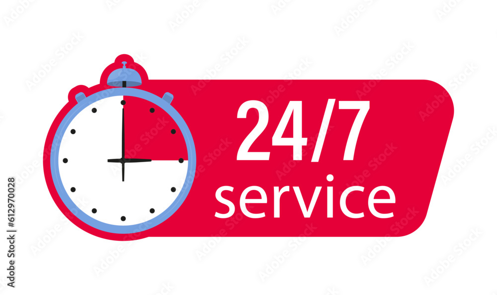 Poster 24-7 service. 24 hours a day and 7 days a week service icon. support service concept with stopwatch 