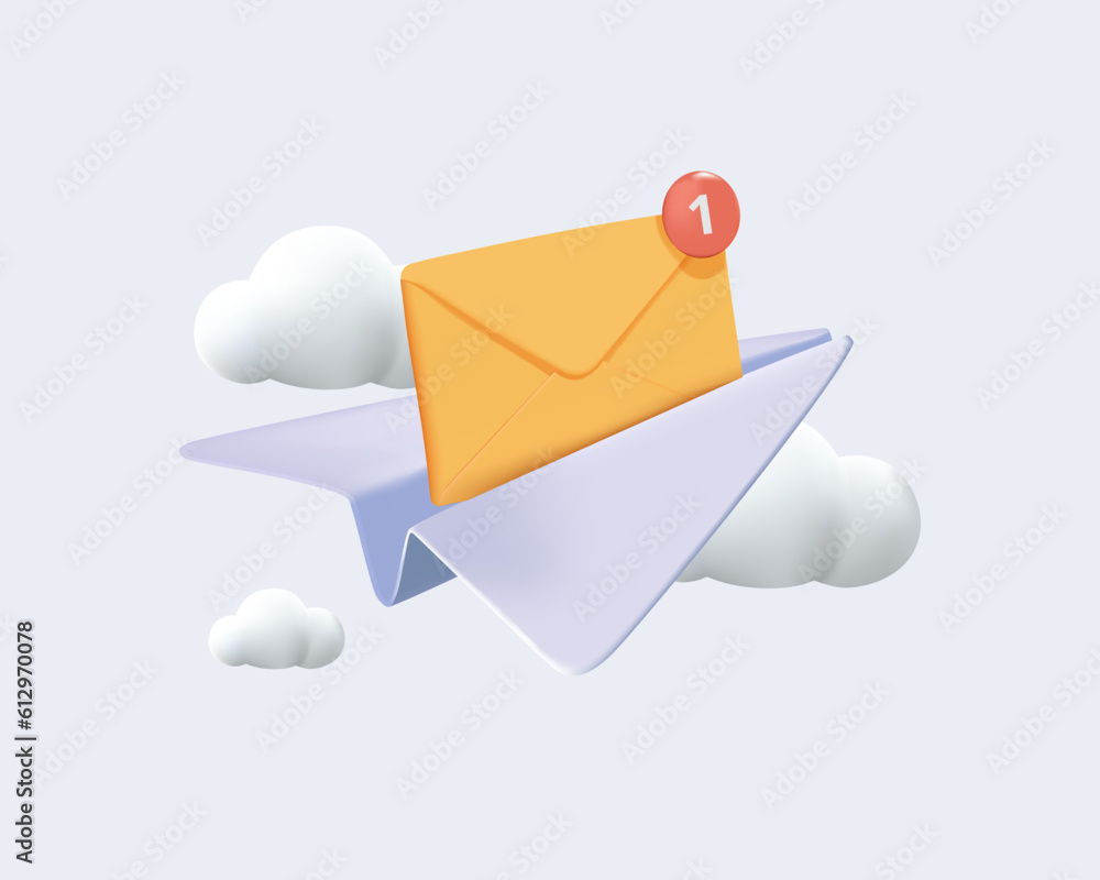 Fototapete 3d paper plane and mail icon with notification of new message. minimal 3d email sent letter to socia