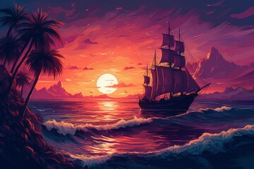 A sunset with a palm tree and a sail boat.
