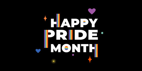 Pride month banner with hearts abstract shapes. Flat vector illustration on black background