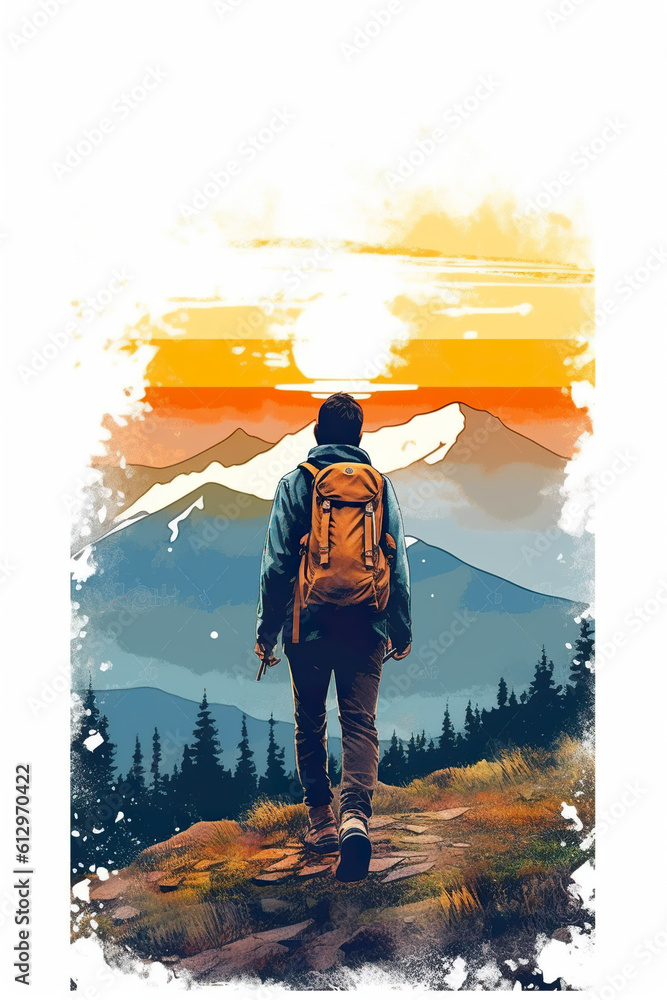 Poster a man standing on top of a mountain with a backpack. generative ai.