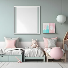 Fototapeta na wymiar kids room design, pastel colors, mockup poster frame, scandinavian