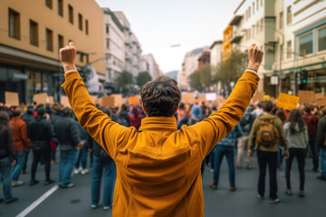 A man raising his arms in the air in front of a crowd of people. Generative AI. Rear view, protesting crowd.