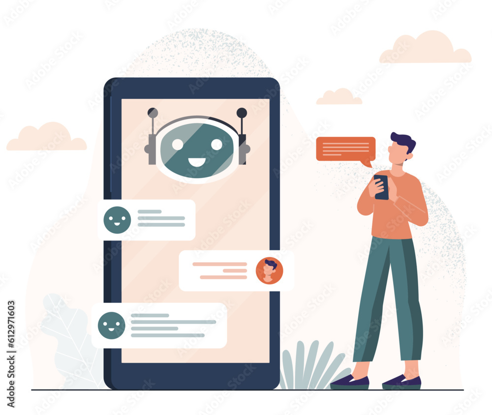 Poster man with chat bot concept. young guy standing near big smartphone. artificial intelligence and machi