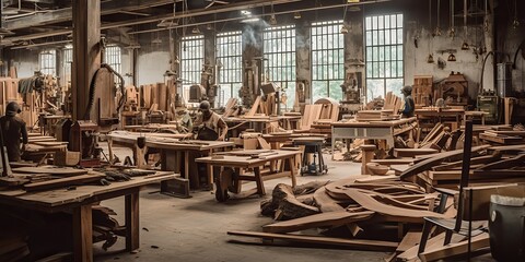 Fototapeta na wymiar AI Generated. AI Generative. Logging carpentry wood timber sawmill furniture factory. Graphic Art