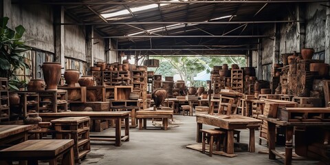 AI Generated. AI Generative. Logging carpentry wood timber sawmill furniture factory. Graphic Art