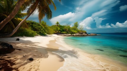 Island getaway, idyllic tropical beach, sun-kissed palms, and crystal clear waters