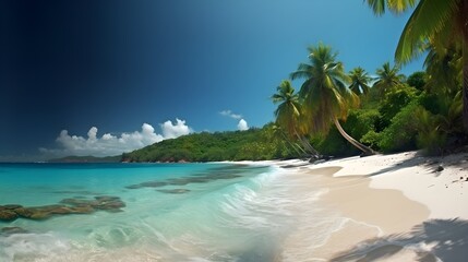 Fototapeta na wymiar Blissful coastal getaway, beautiful tropical beach, towering palms, and idyllic seafront