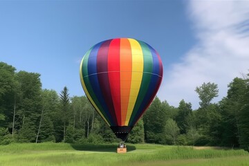 Obraz premium vibrant hot air balloon soaring over a scenic green landscape. Generative AI