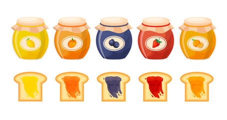 Set of fruit jams in a glass jars. Jelly or marmalade with toast bread. Vector jam confiture in a trendy flat style.