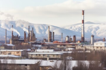Obraz premium pollution-emitting factory with dark smoke clouds. Generative AI