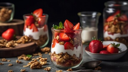 Healthy breakfast of strawberry parfaits. Generative AI