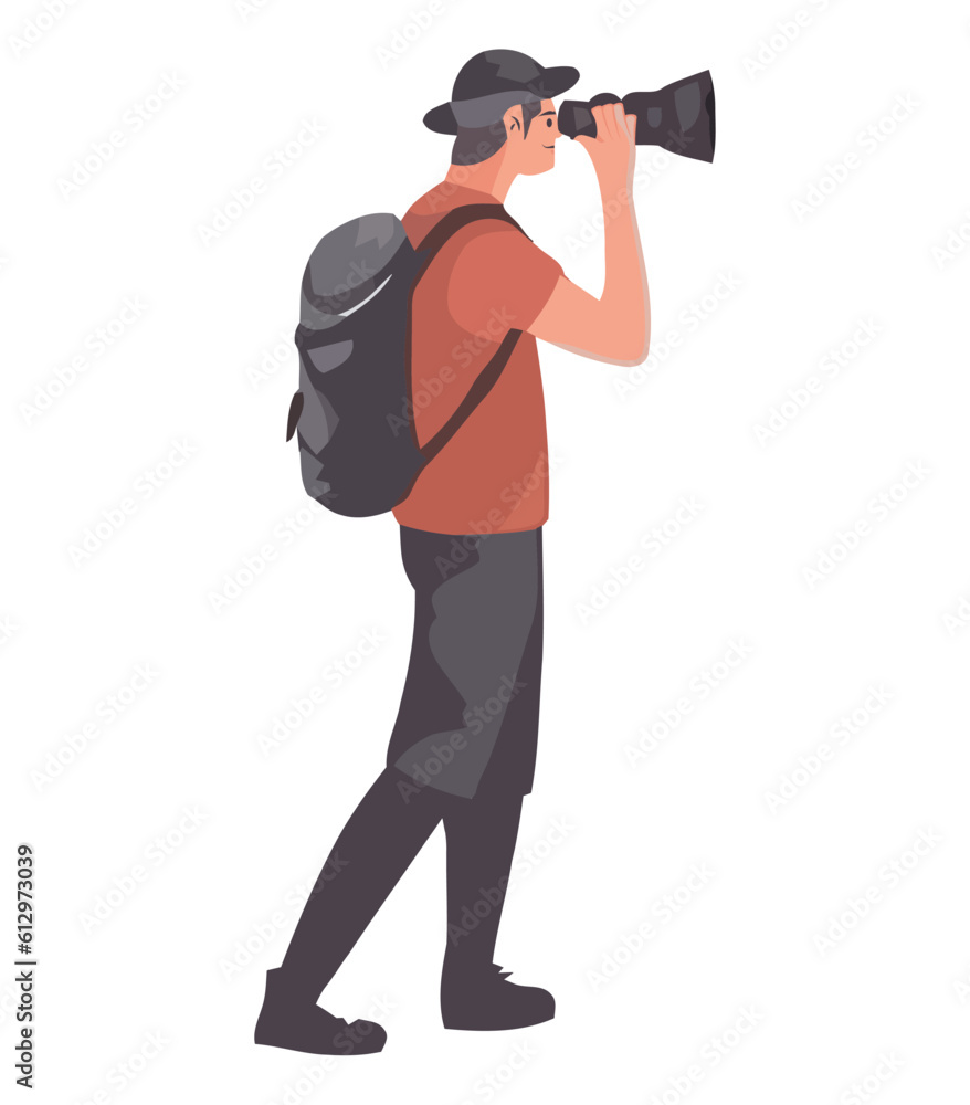 Sticker man holding a backpack and telescope