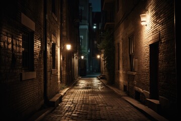 dimly lit alleyway with a solitary street light at night. Generative AI