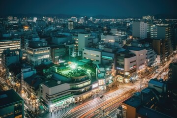 bustling city skyline at night seen from above. Generative AI