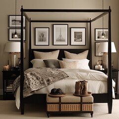 Cozy Bedroom with Four-Poster Bed and Horizontal Frame Mockup