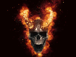 Screaming demon skull with flaming horns and burning fire behind it