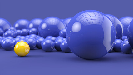 Bright yellow ball stands out from the crowd of blue spheres