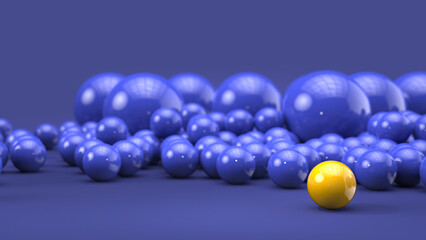 Bright yellow ball stands out on blue background filled with blue spheres - background template