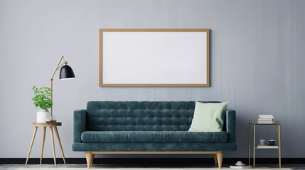 A living room with a blue couch and a framed picture. Generative AI. Poster canvas mockup.