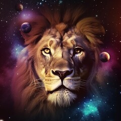 Lion, Lion in space, Colored lion, stars, lion in the stars
