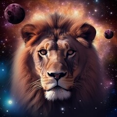 Lion, Lion in space, Colored lion, stars, lion in the stars