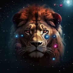Lion, Lion in space, Colored lion, stars, lion in the stars