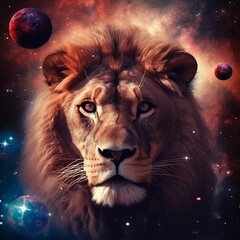 Lion, Lion in space, Colored lion, stars, lion in the stars