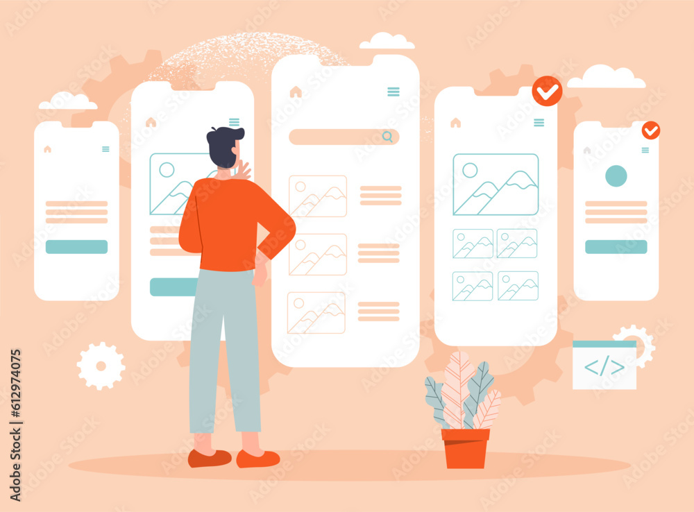 Poster usability testing vector concept. man stands near smartphone and checks operation of mobile program 