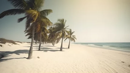 Rolgordijnen Palmy Trees Cast Long Shadows on a Beautiful Sandy Beach, Where the Sun and Sea Converge © Ranya Art Studio