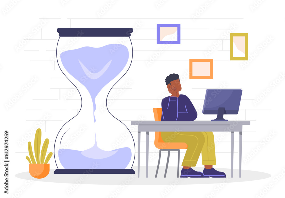 Poster working time vector concept. young guy near computer monitor. organization of effective workflow, ti