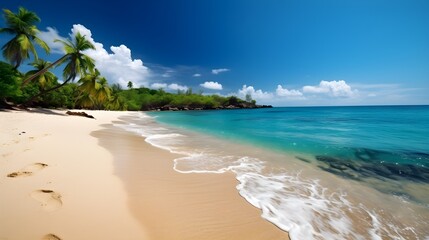 Sunlit paradise, idyllic tropical beach, swaying palms, and radiant sunshine