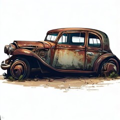 Illustration of a Abandoned Rusty Dirty Grungy Metallic Ancient Old Vintage Classic Automobile, Barn Find Parts Car Wreck Needing Repair, Street Hot Rod Potential 1930s 1940s 1950s White Generative AI