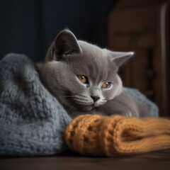 Cozy British Shorthair Kitten Sleeping by Fireplace