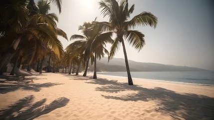 Tuinposter Palmy Trees Line a Sandy Beach, Unveiling the Wonder of the Coastal Landscape © Ranya Art Studio