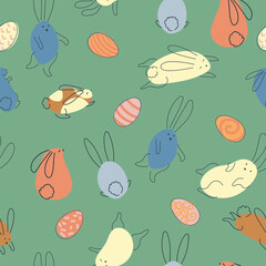 Seamless pattern with funny rabbits. Animal print. Pets. Festive decor. A pattern of simple elements. Vector illustration.