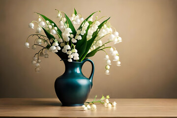 Lily of the Valley bouquet in a vase on a beige background
