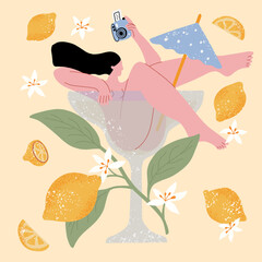 Woman swimming in cocktail or smoothie glass. Summer background with lemonade. Pattern with blooming flowers and lemons. Vector illustration for card, poster, label, t shirt.