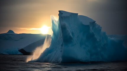 A close-up of a wave crashing against an Antarctic iceberg, illuminated by the sun.