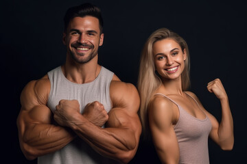 Obraz premium Smiling athletic couple poses and show their perfect body muscles. Generative AI