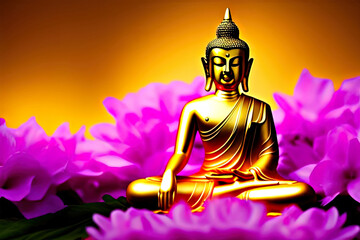 Buddha statue and lotus flowers.Ai generative art