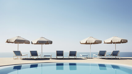 Fototapeta premium A crisp, blue sky above a deserted swimming pool, with lounge chairs and umbrellas neatly arranged around the pool's edge, ready for summer visitors. Minimalistic. Close up.
