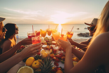 A festive group of friends gathered around a table, enjoying freshly made summer cocktails with vibrant colors and fresh fruit garnishes, all while overlooking a beautiful tropical beach sunset.