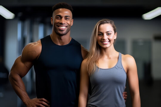Smiling athletic couple poses and show their perfect body muscles. Generative AI