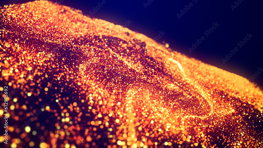 Aufkleber abstract bg, golden magic glitters fly in air form beautiful swirls. fiery sparkles float in viscous