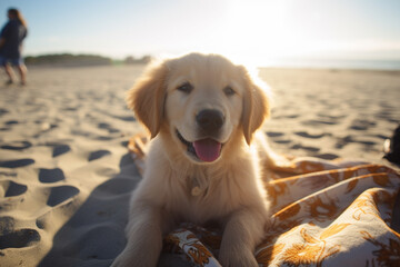 A smiling Golden Retriever puppy lounging on a beach towel, soaking up the sun on a summer holiday. Perfect for a summer vacation photo.