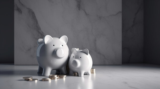 A white piggy bank money box with a stack of silver coins, 3D Rendering with a minimalist background in shades of grey.
